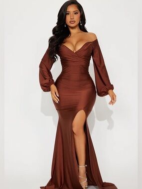 Denise Off-Shoulder Chocolate Brown Satin Gown